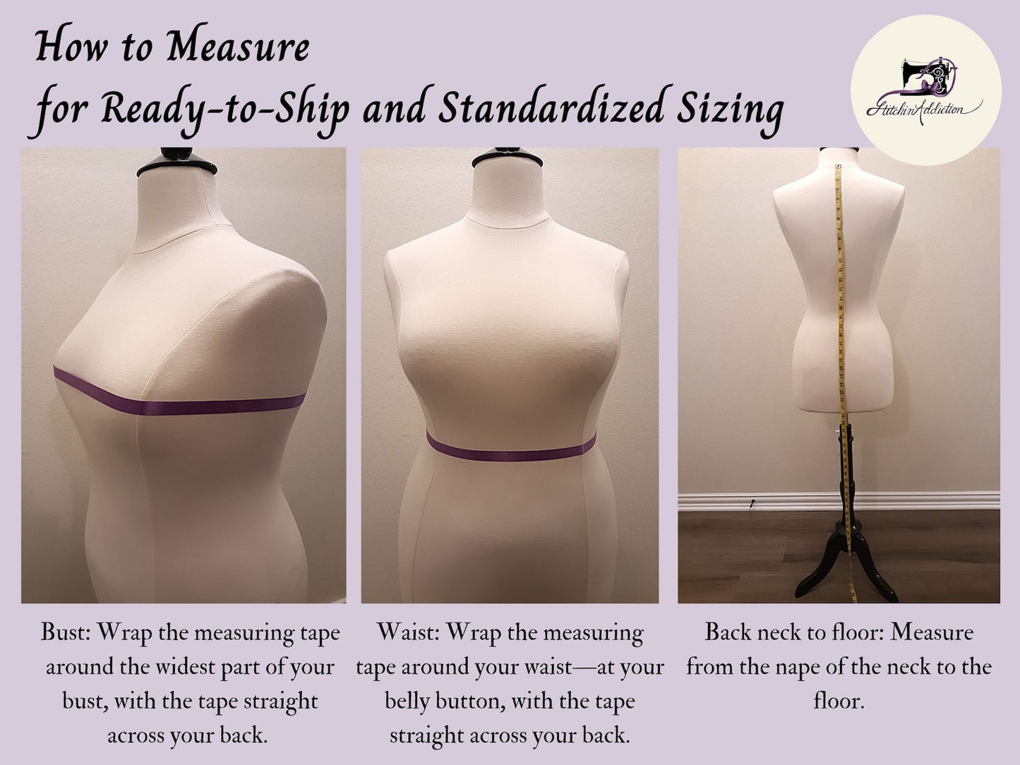 A series of photos illustrates how to measure one's bust, waist, and hem length