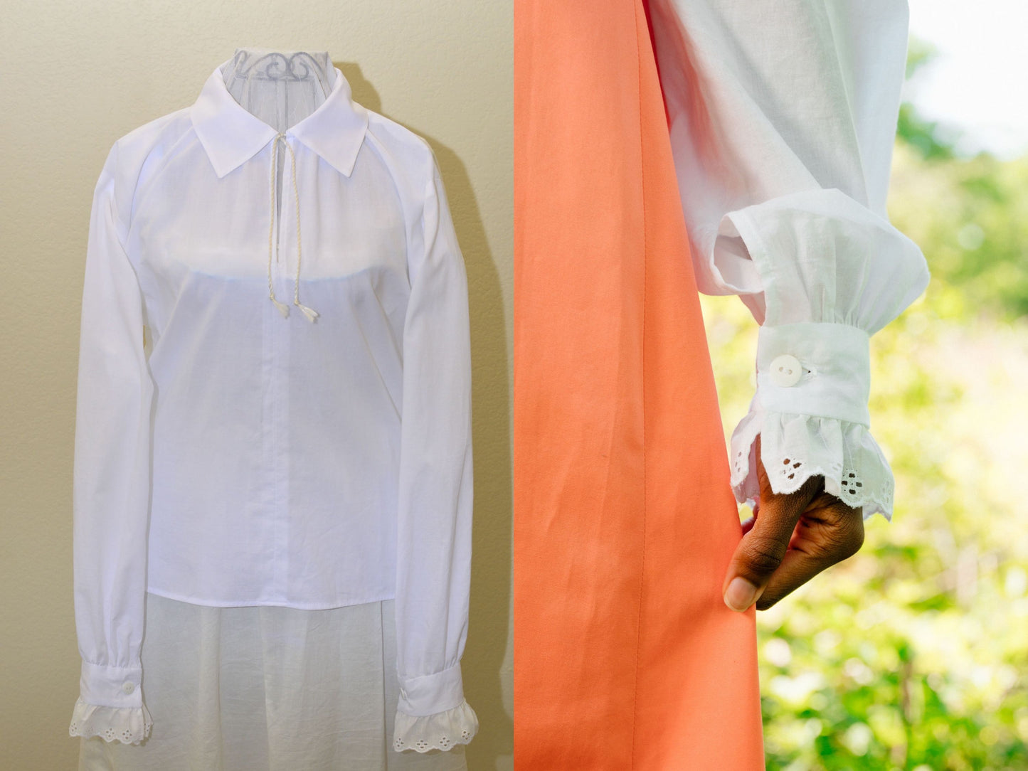 A photo collage shows details on the white Regency shirtwaist