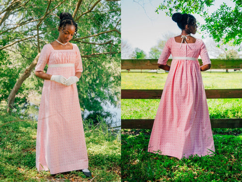 A photo collage shows a front and back view of a model wearing a pink Regency dress while starting by a fence.