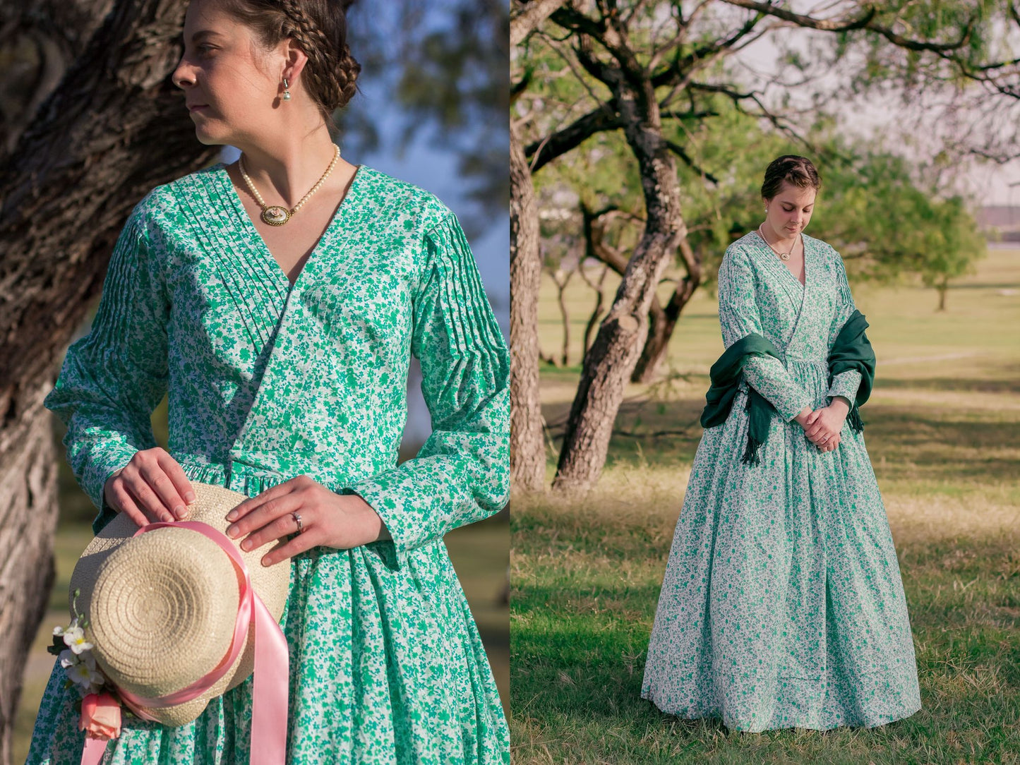 A photo collages shows two images of a mid-Victorian dress. The close-up shows the tuck detailing on the bodice and sleeves of a wrap-front dress. The full image shows a model wearing the dress with a full skirt barely sweeping the grass.