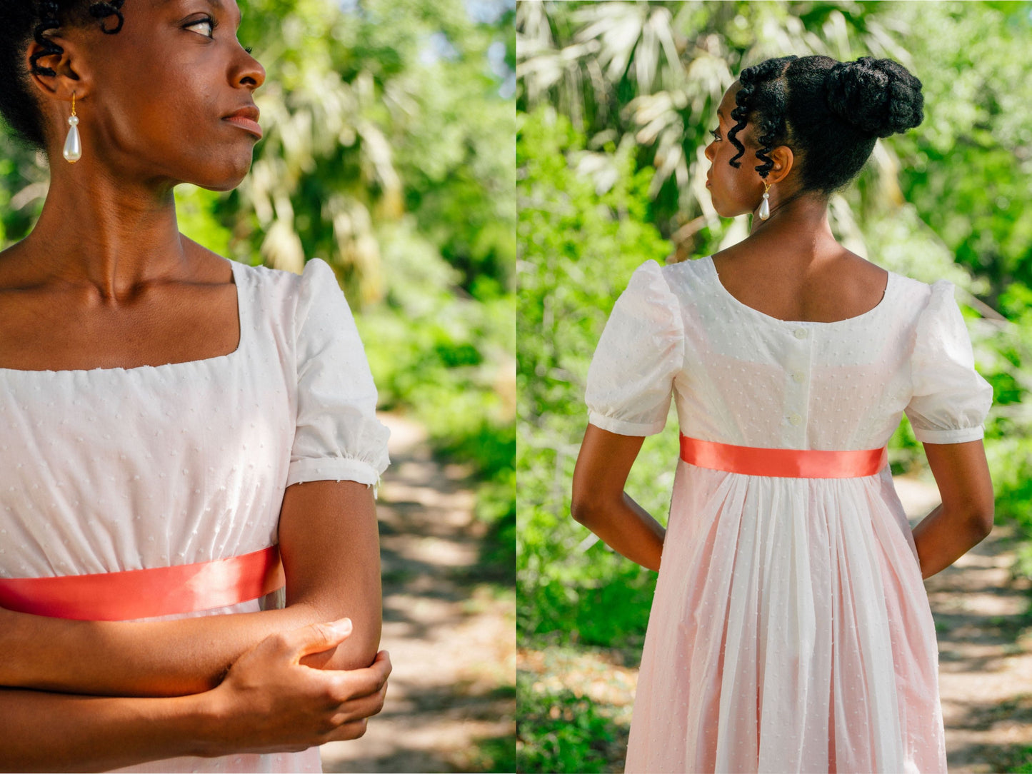 A photo collage shows a close-up of a front and back view of a model wearing a white Regency gown. The gown has soft gathers on the front bodice and button closure on the back bodice
