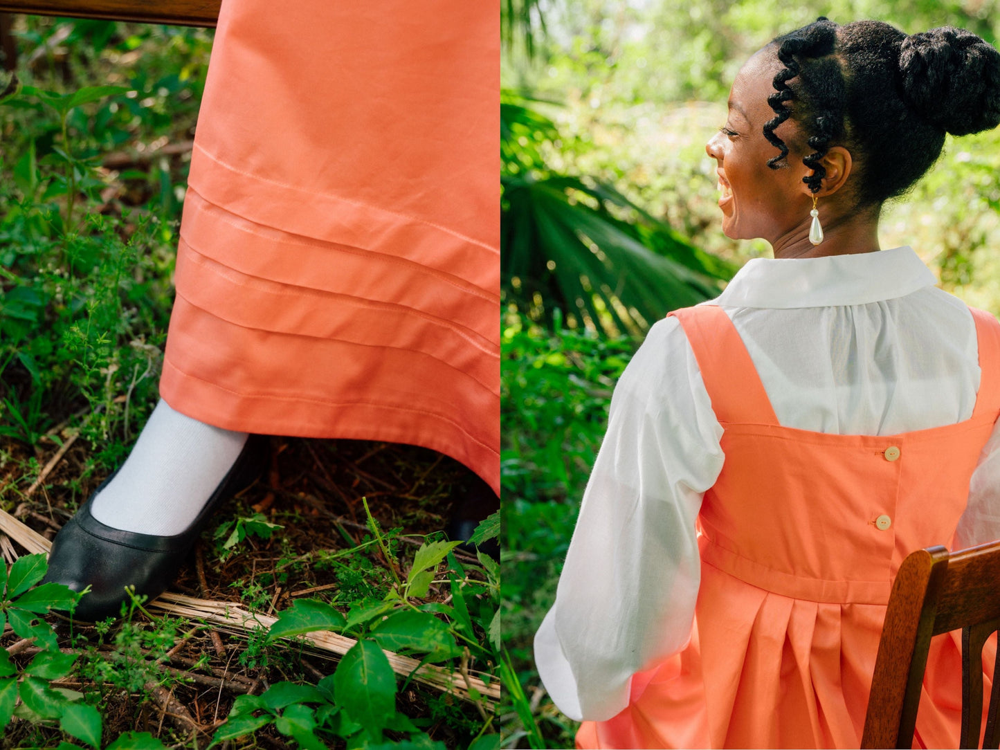 A photo collage shows two close-ups of a salmon-colored Regency petticoat. One photo show three deep tucks at the hem and the other shows the button up back of the petticoat.