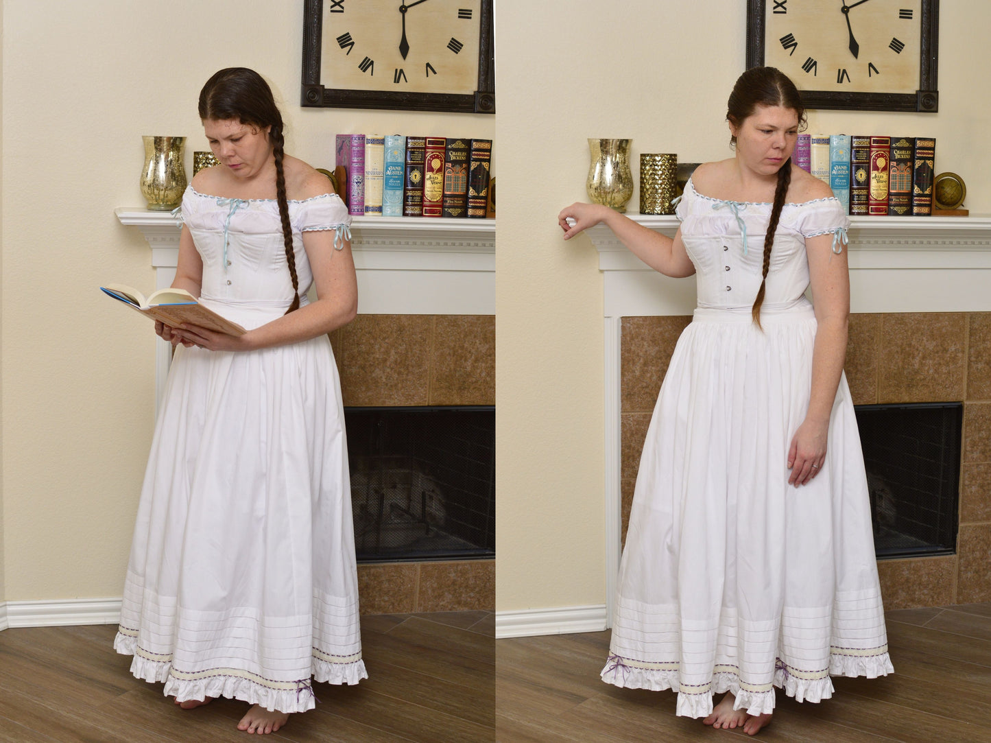 A photo collage shows two images of a model wearing Victorian undergarments: chemise, corset, and petticoat. In one photo, the model is reading a book. In the other, she is looking at her shoulder with her hand on the fireplace mantle