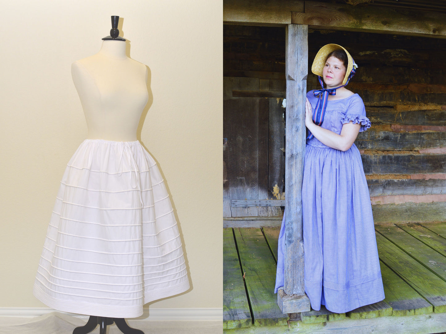 A photo collage shows a corded petticoat on a dress form and a model wearing a blue gingham 1840s dress with a corded petticoat under her skirt. The model stands on the porch of a log cabin and wears a straw bonnet