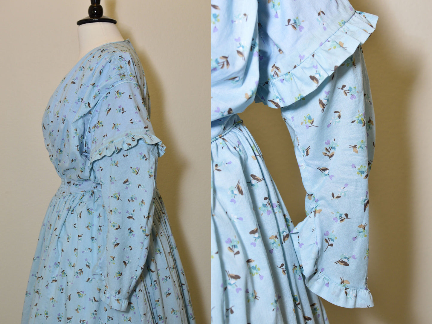 A close-up and side view shows the ruffles on the sleeve of a Victorian fan dress