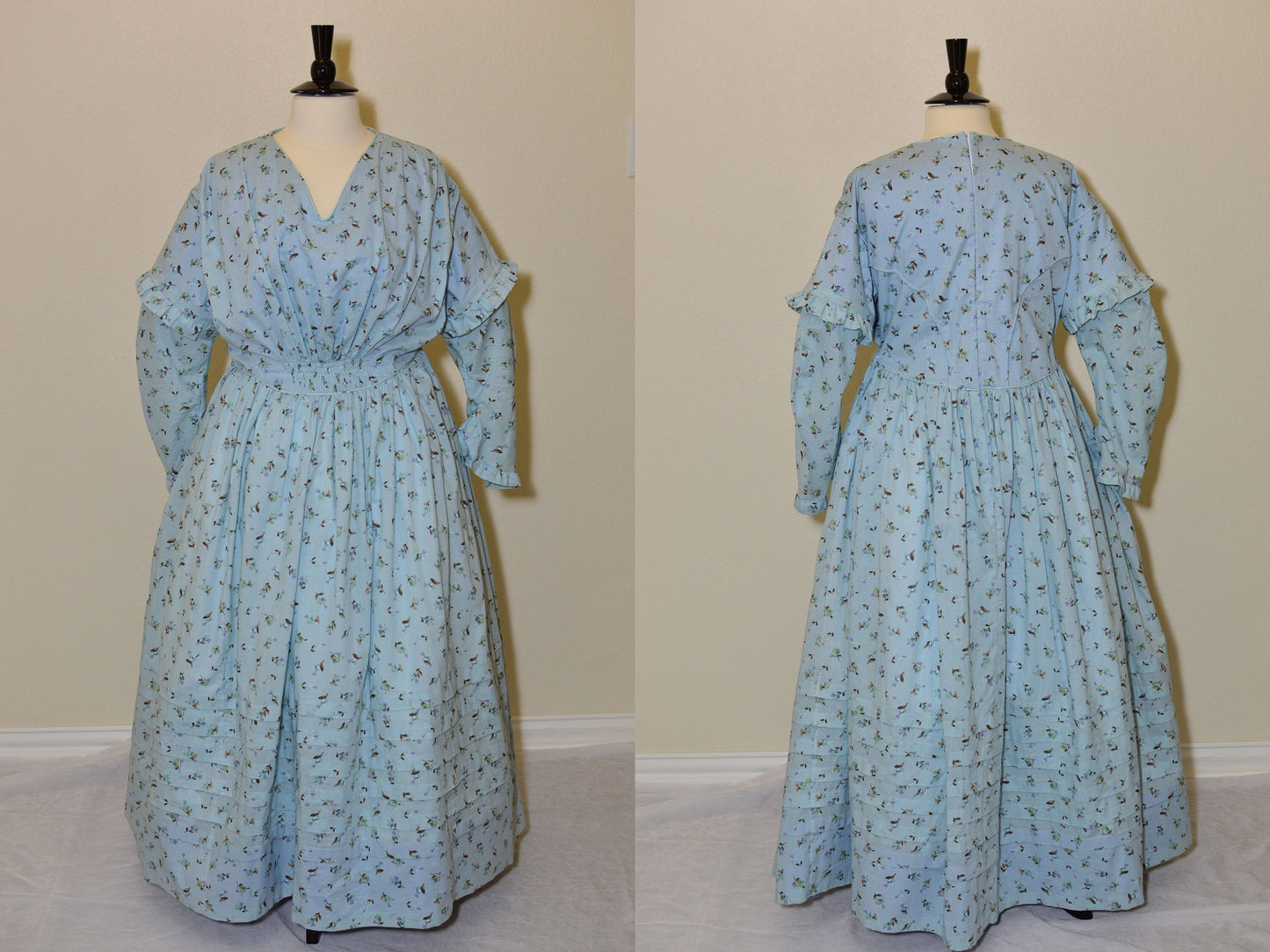 A photo collage shows two images of a blue Victorian fan dress - the front and back views