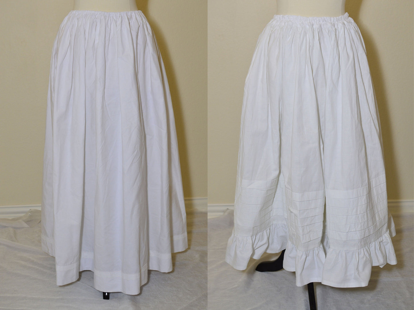 A photo collage shows two images of a Victorian petticoat on a dress form. One petticoat has a drawstring waist with lace trim at the hem. The other has a waistband with six deep tucks and a ruffle at the hem