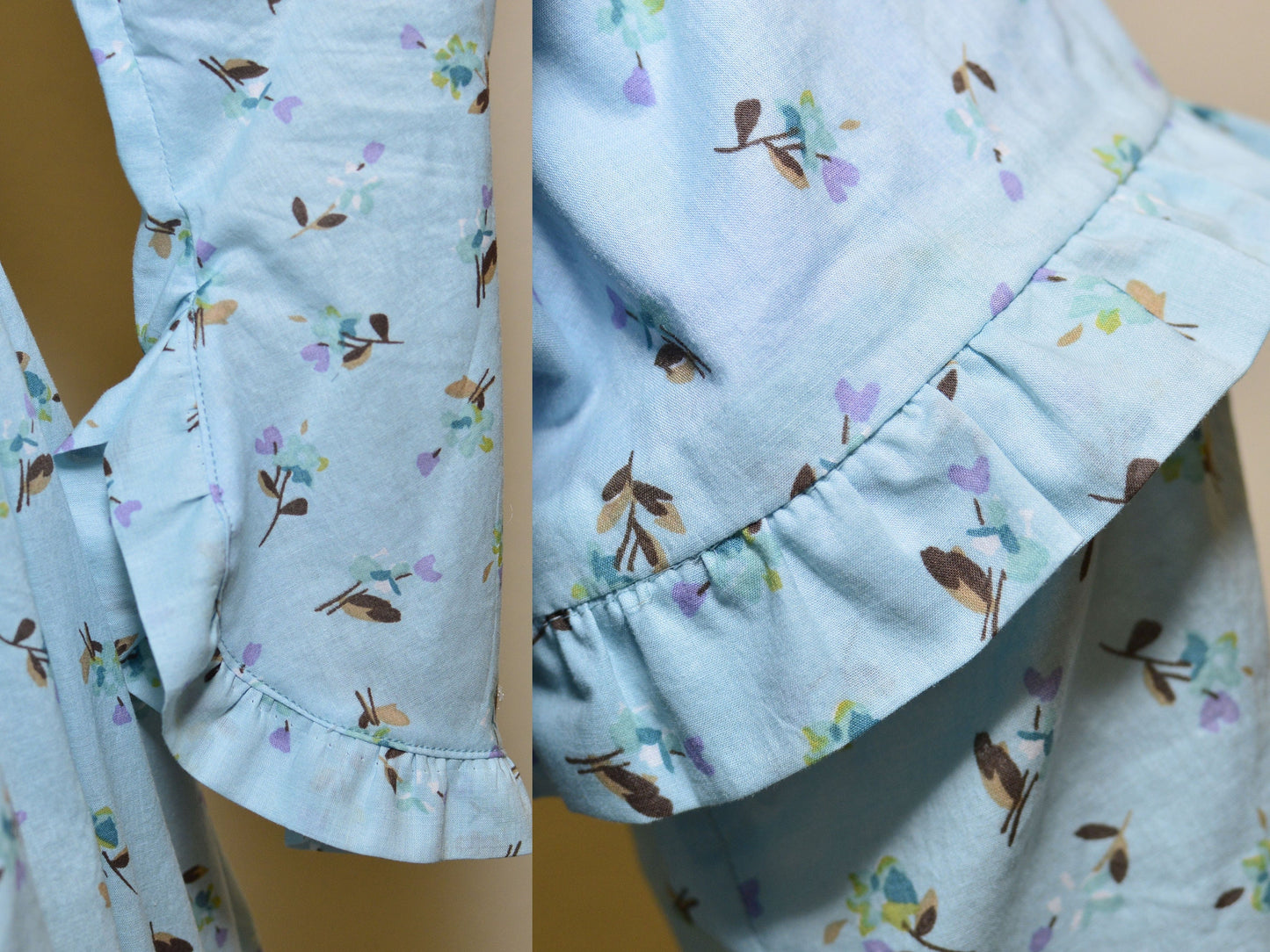 A close-up shows the ruffles on the sleeve of a blue Victorian fan dress