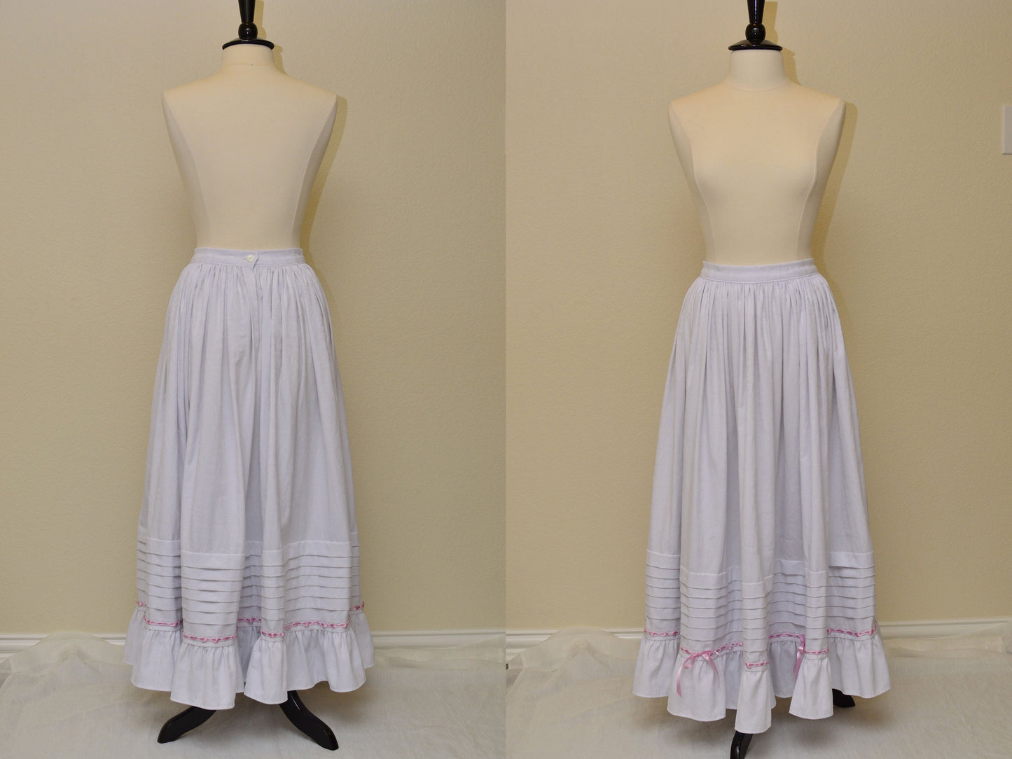 A photo collage shows a front and back image of a Victorian petticoat. It is made of white cotton damask with six deep tucks at the hem, lace beading with pink satin ribbon, and a ruffle