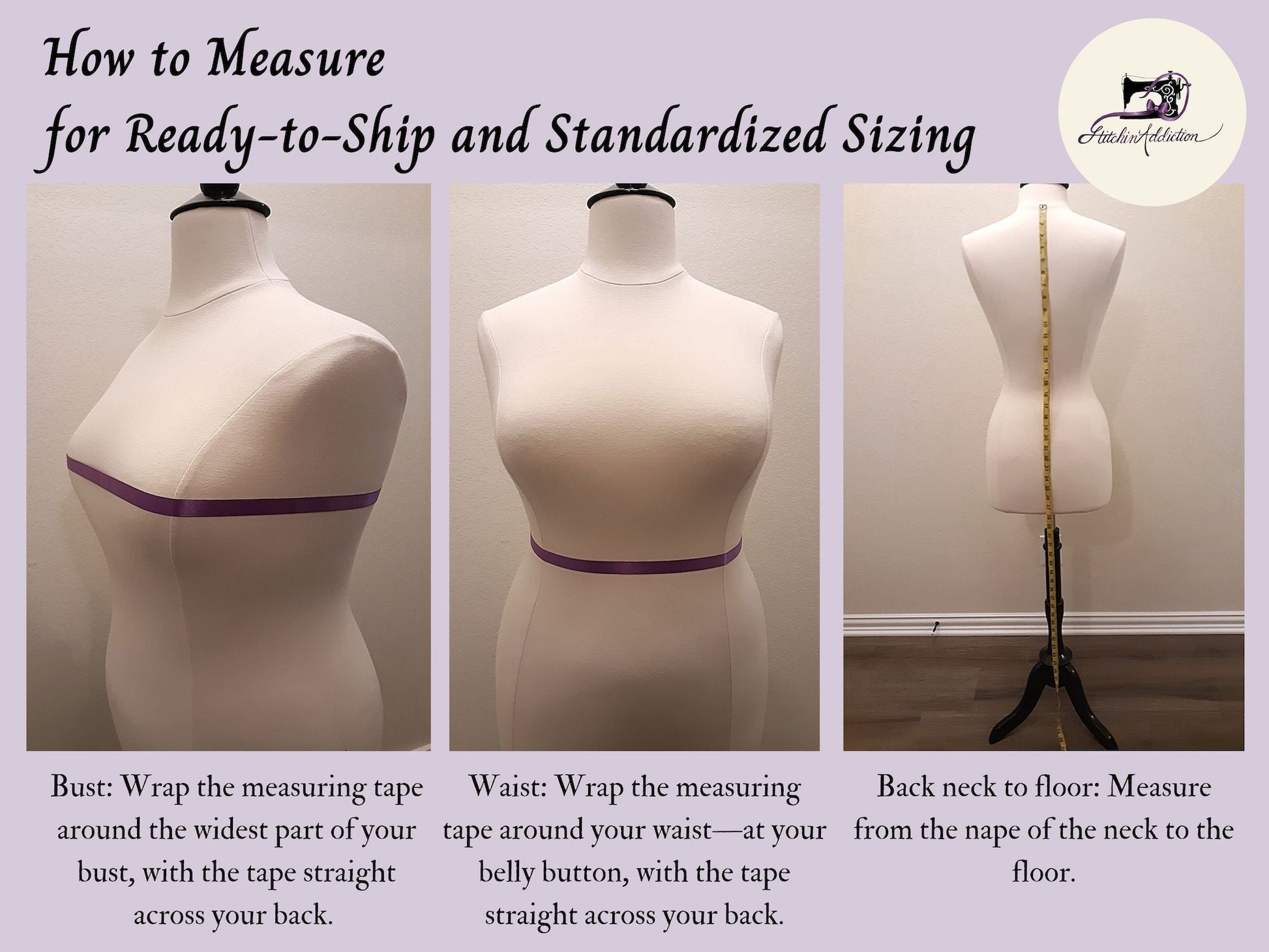 A series of photos illustrates how to measure one's bust, waist, and hem length