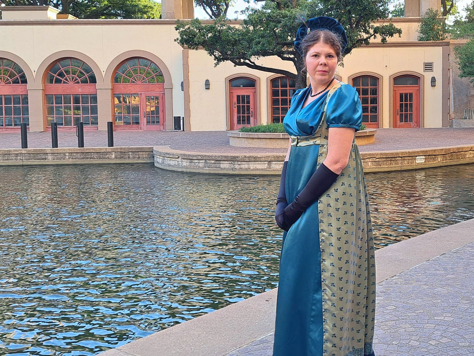 Lady Bridgerton's Ball Gown (1800-1815) S / dark green polyester crepe w/ floral skirt overlay Lady Bridgerton's Ball Gown (1800-1815) S / dark green polyester crepe w/ floral skirt overlay