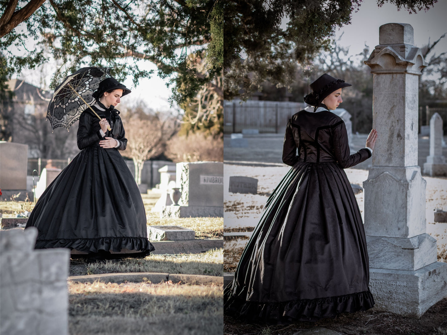 A photo collage shows two images of a model wearing an all-black 1860s mourning dress while standing in an old cemetery