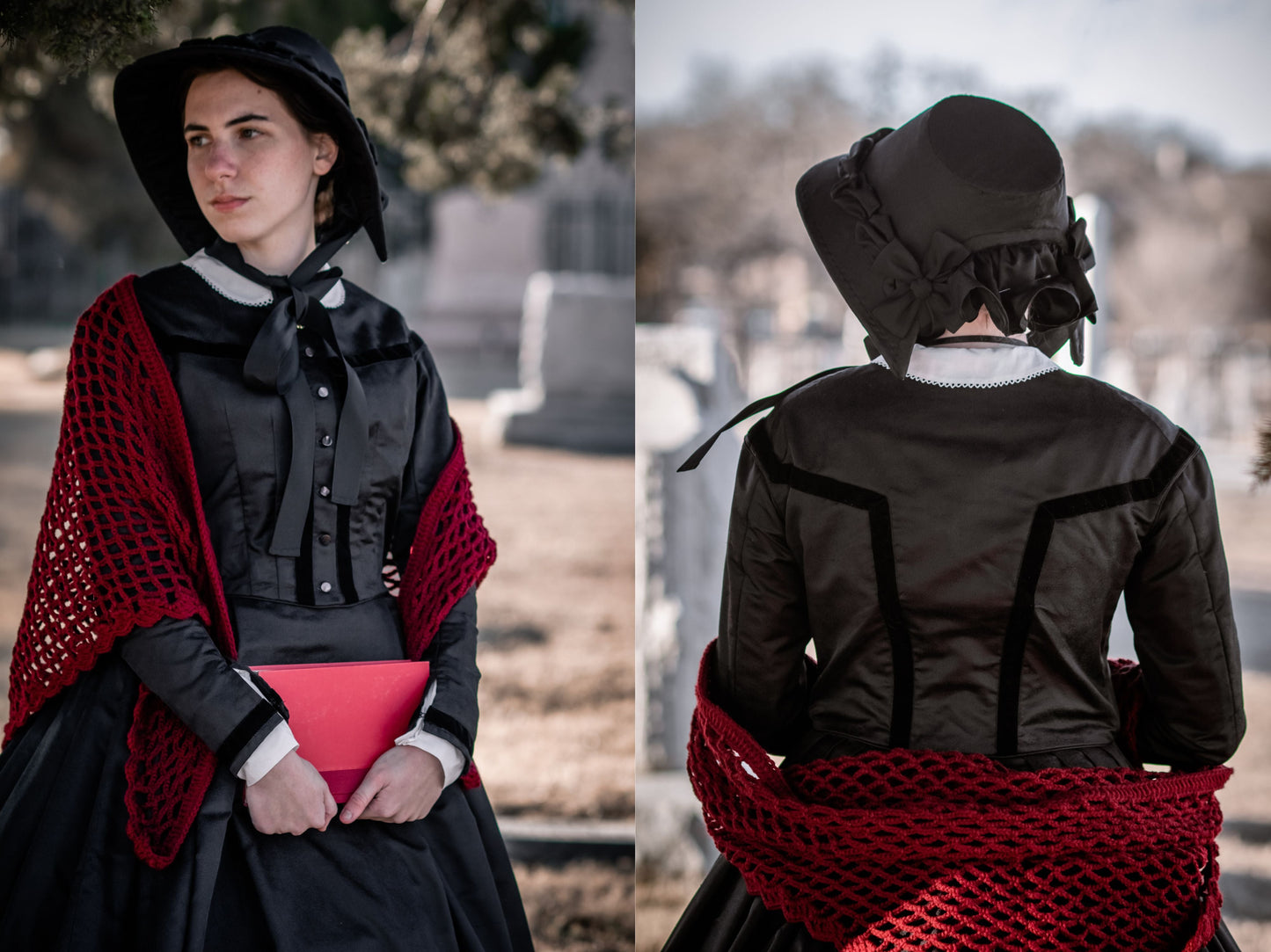 A photo collage shows two photos: a front and back view of a black silk 1860s dress bodice.  The model wears a black spoon bonnet and holds a red book.