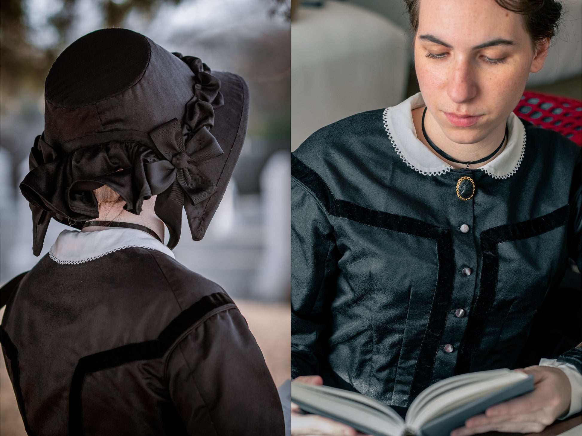 Two close-up shots show the velvet trimming on the bodice of a black silk 1860s mourning dress