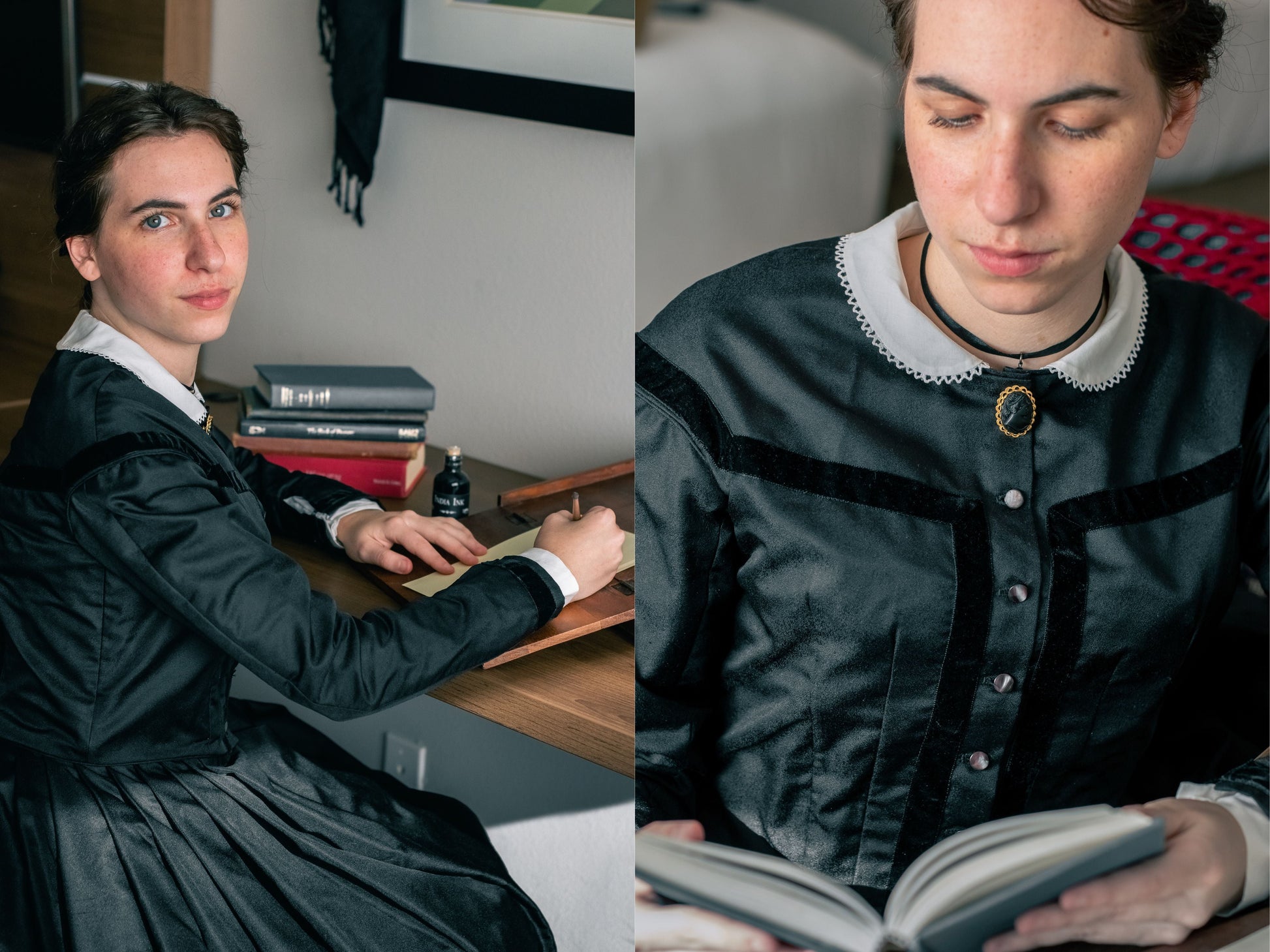 A photo collage show two photos of a model wearing a black silk 1860s dress.  In the first, the model is writing at a 19th century writing desk and in the second, she reads an open book