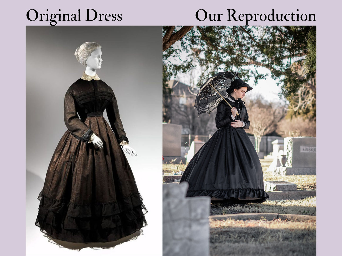 Photo collage shows an extant 1860s mourning dress with our reproduction 1860s mourning dress