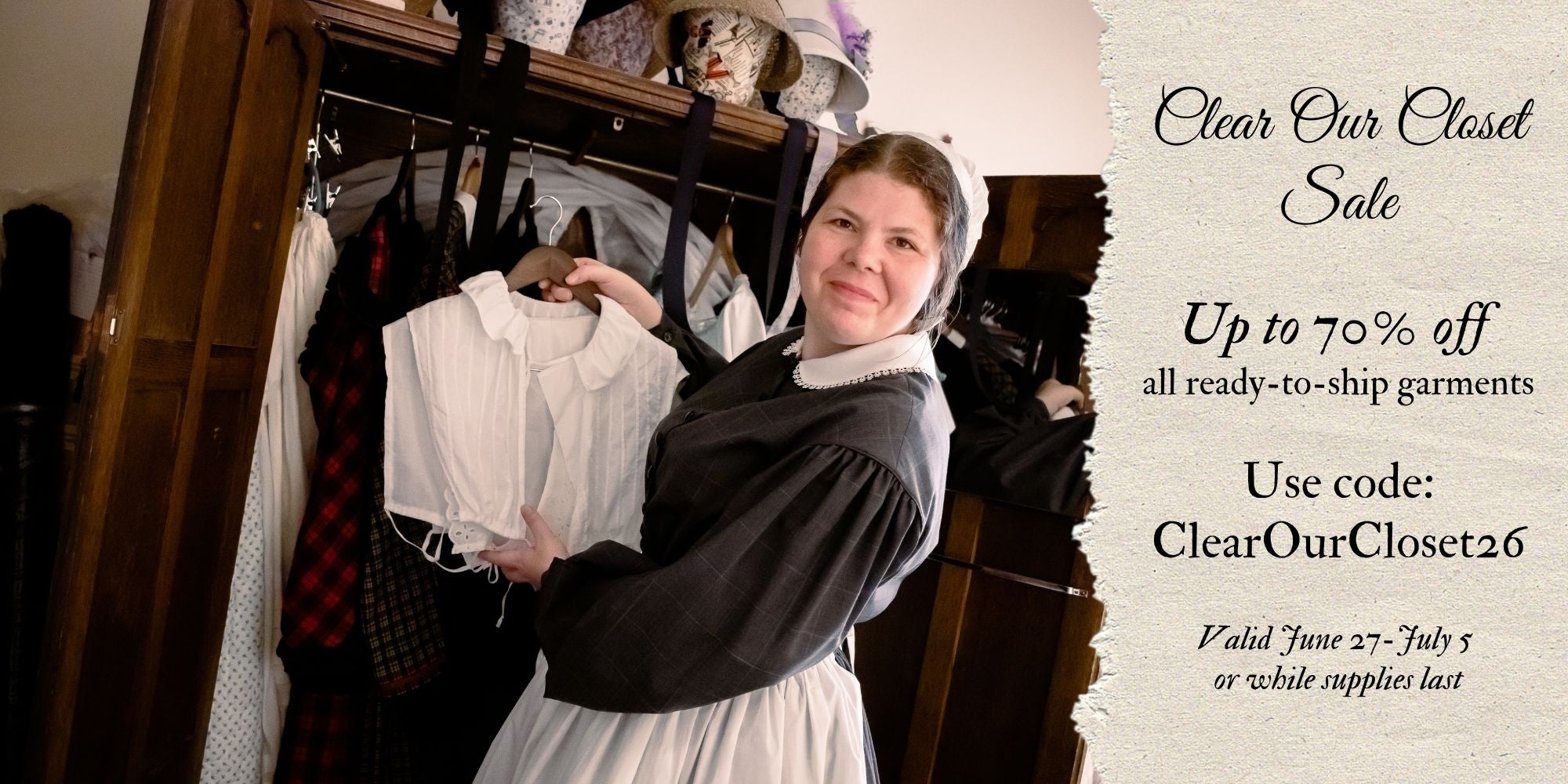 Person in historical clothing holding a garment with a closet and sale advertisement in the background