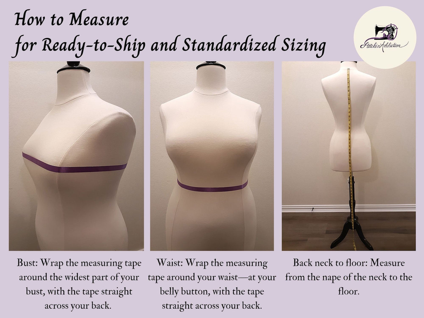 A series of photographs show how to measure your bust, waist, and back neck to floor