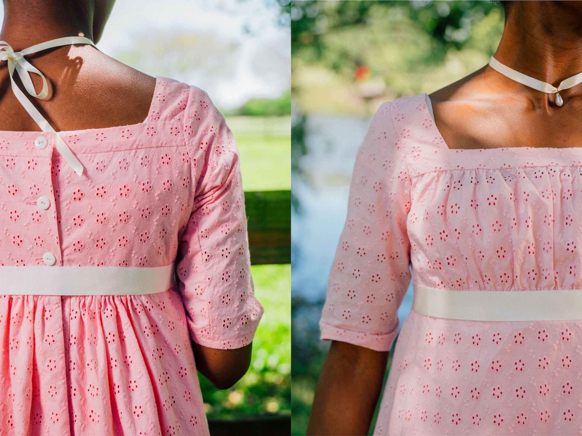 A photo collage shows a front and back close-up of the bodice of a Regency square-neck dress