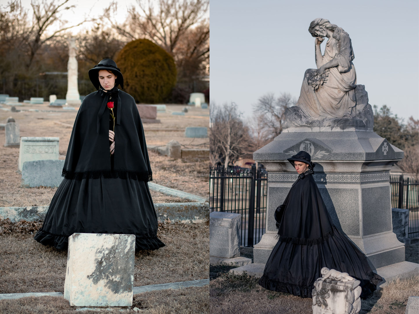 A photo collage shows two views of a black wool cape on a model.  The model stands in a cemetery