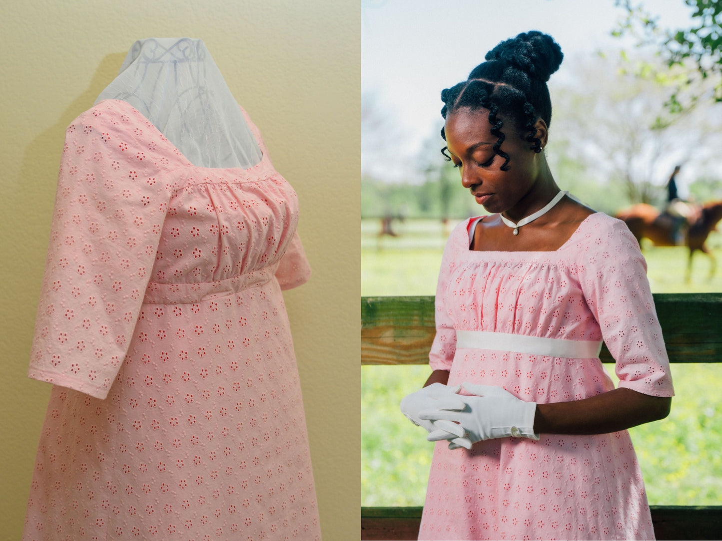 A photo collage shows two side views of a pink Regency dress