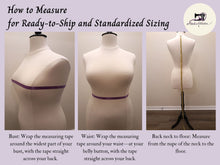 Load image into Gallery viewer, A series of photos illustrate how to measure one&#39;s bust, waist, and hem length
