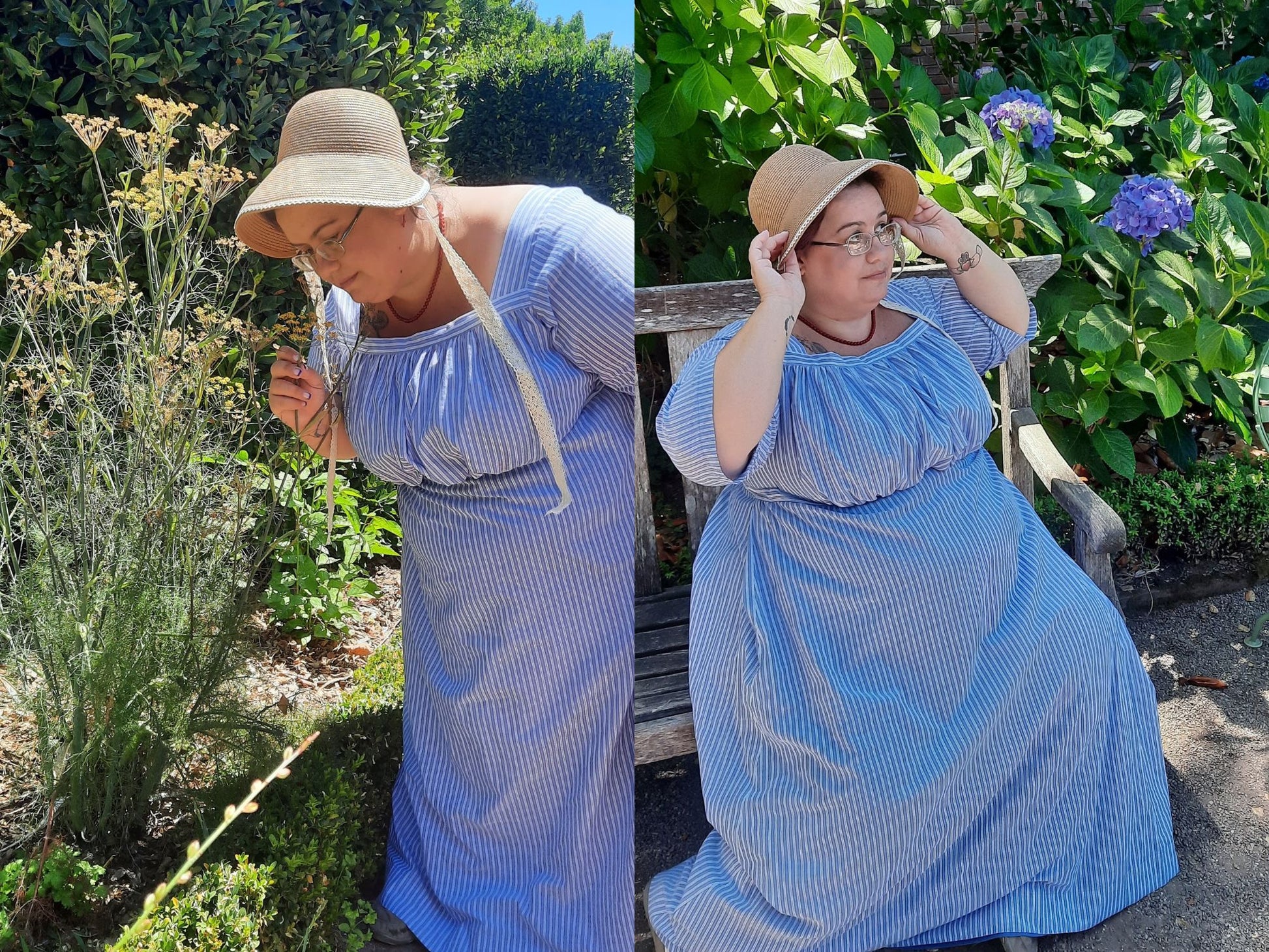 A photo collage shows a front and side view of a model in a garden wearing a blue striped Regency dress