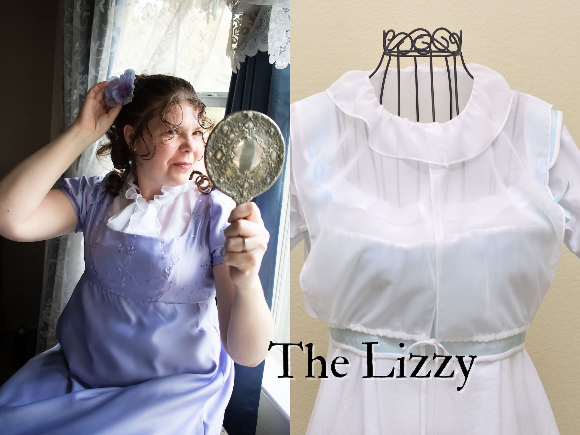 A photo collage shows a girl dressed in an Eloise cosplay and a close-up of the chemisette on a dress form.