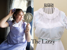 Load image into Gallery viewer, A photo collage shows a girl dressed in an Eloise cosplay and a close-up of the chemisette on a dress form.
