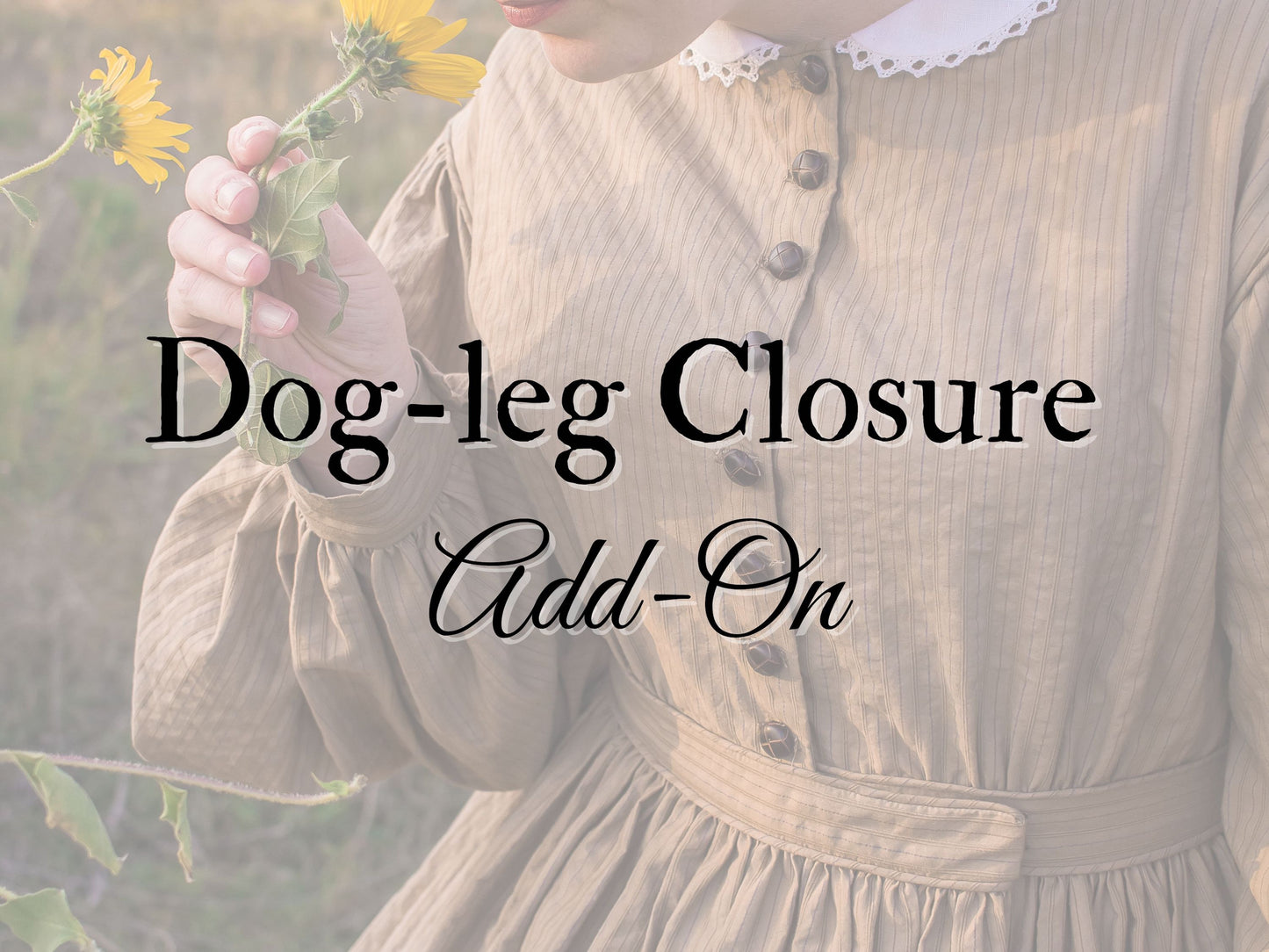 Graphic reads "Dog-leg Closure Add-on" over a close-up photo showing a dog-leg closure on an 1860s dress