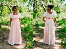 Load image into Gallery viewer, A photo collage shows a front and back view of a model wearing a white Regency gown
