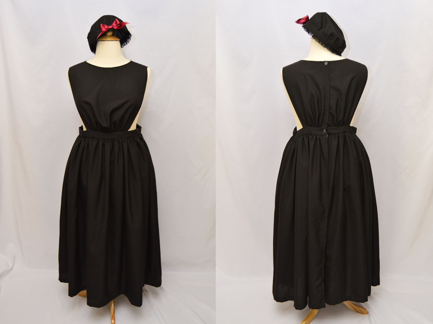 A photo collage show a front and back view of a black wool 1860s pinafore and cap on a dress form