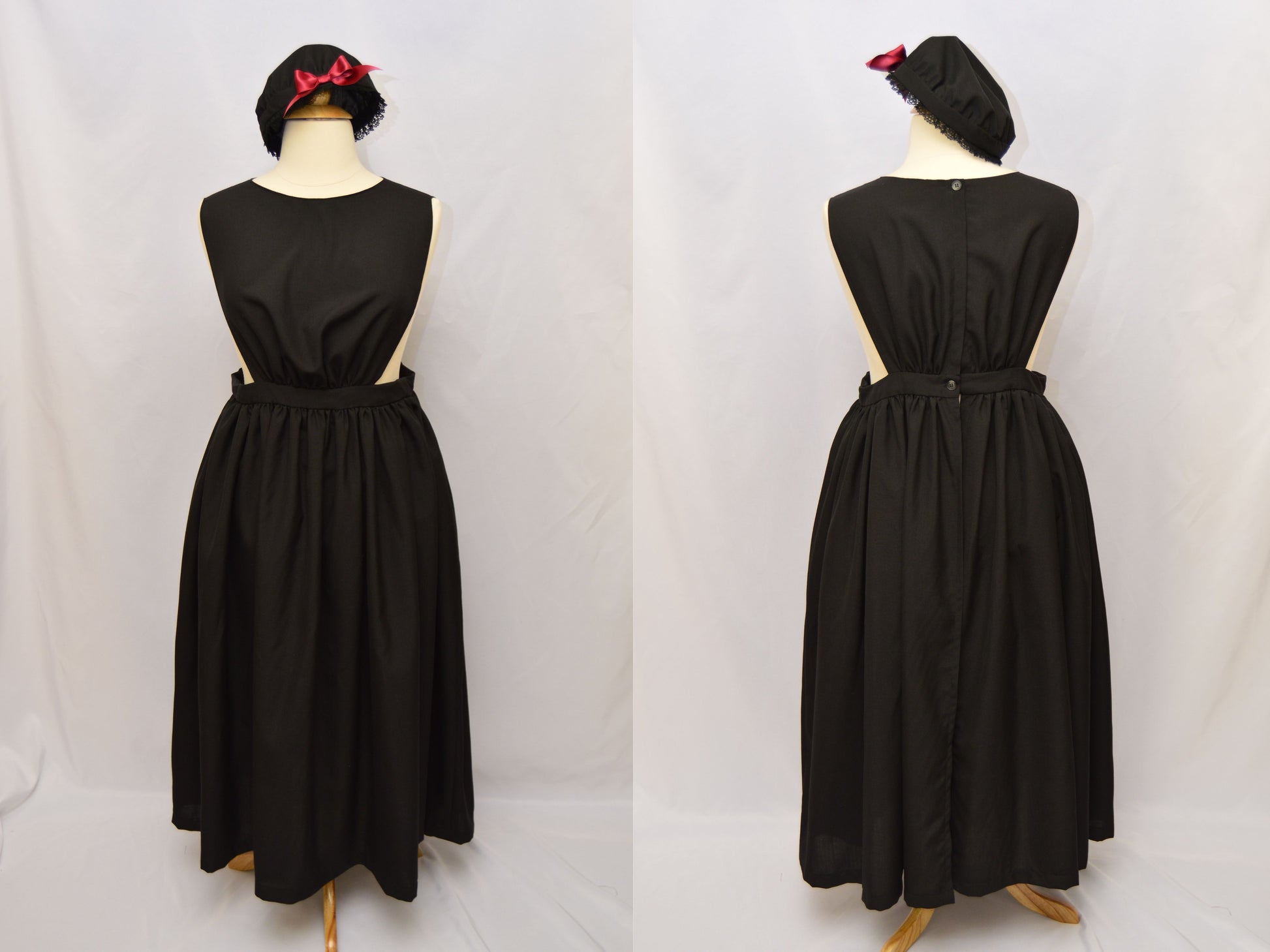 A photo collage show a front and back view of a black wool 1860s pinafore and cap on a dress form