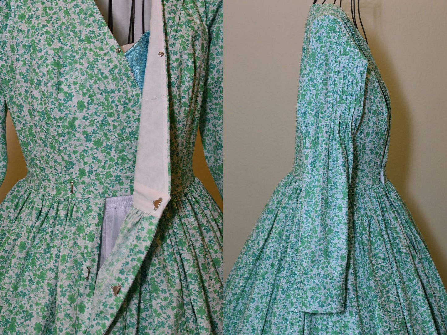 A photo collage shows the closure of a mid-Victorian dress and a side view