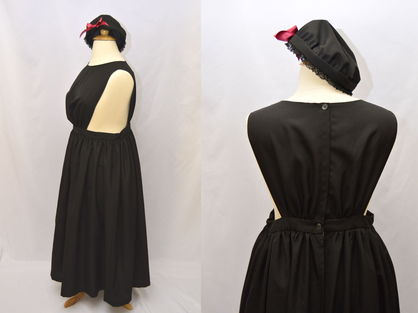 A photo collage shows a side view of a black wool 1860s pinafore and cap and a close-up back view