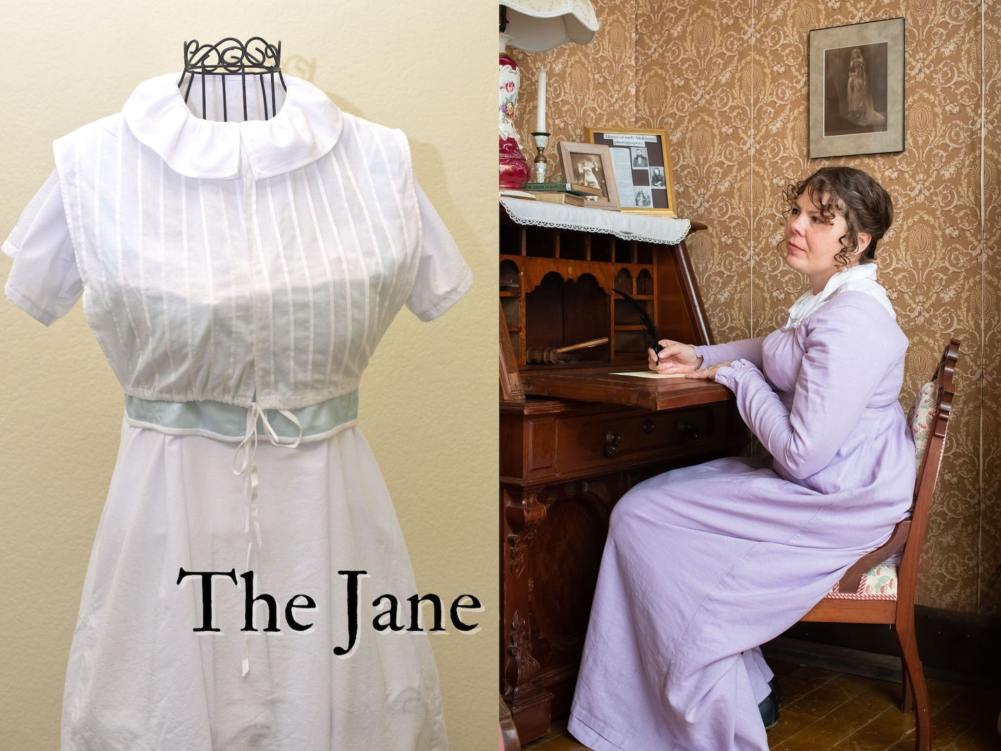 A photo collage shows a girl dressed in Regency attire sitting and writing at a fold-out desk and a close-up of her chemisette on a dress form