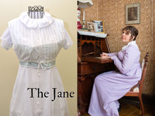 Load image into Gallery viewer, A photo collage shows a girl dressed in Regency attire sitting and writing at a fold-out desk and a close-up of her chemisette on a dress form

