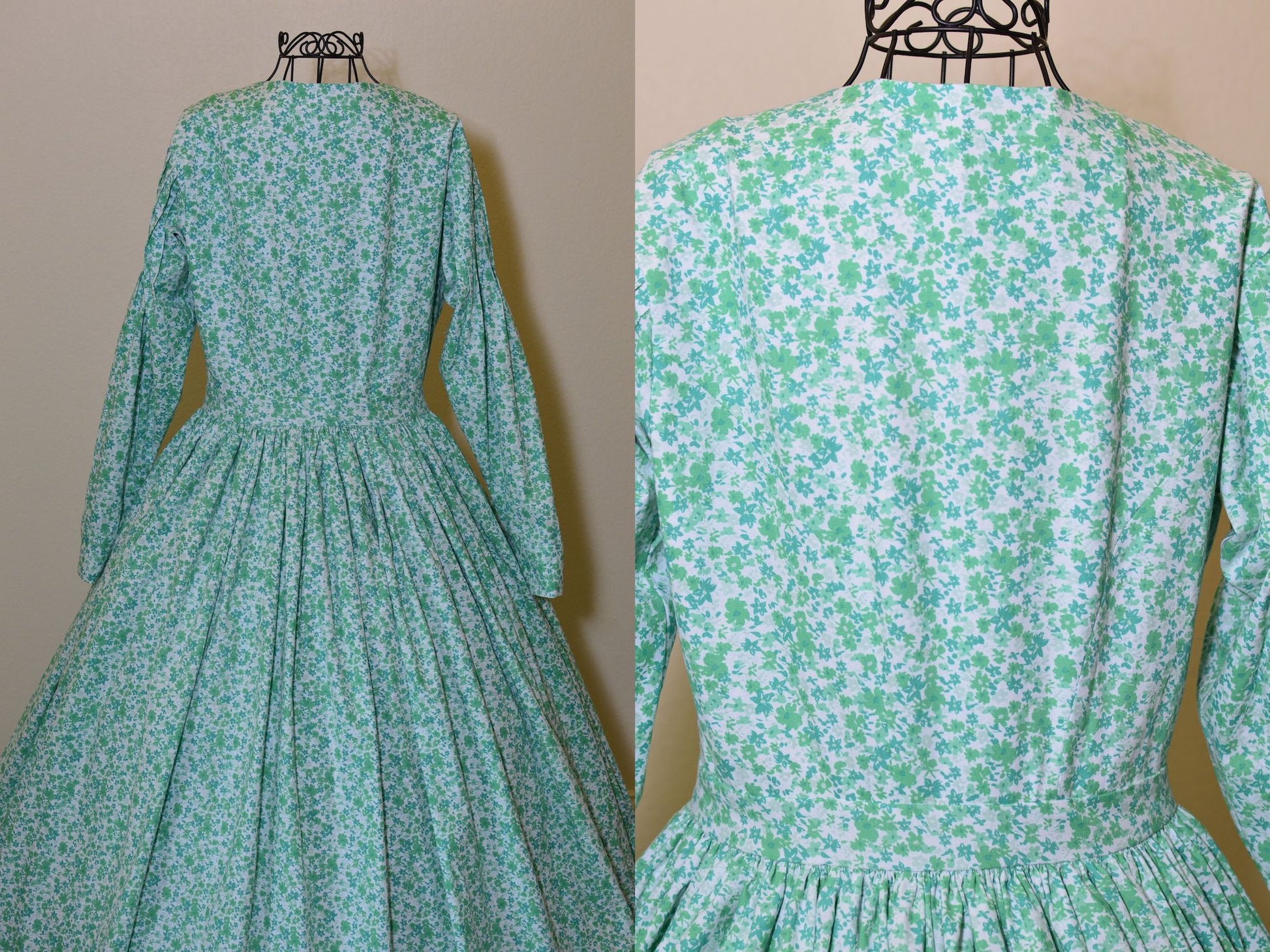 A photo collage shows two back views of a mid-Victorian dress modeled on a dress form