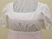 Load image into Gallery viewer, A close-up photo shows a white Regency gown bodice on a dress form
