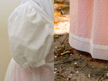 Load image into Gallery viewer, A photo collage shows a close-up view of the sleeve and hem detail on a white Regency gown
