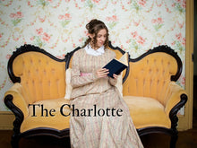 Load image into Gallery viewer, A girl wears Regency attire while sitting on an antique couch and reading
