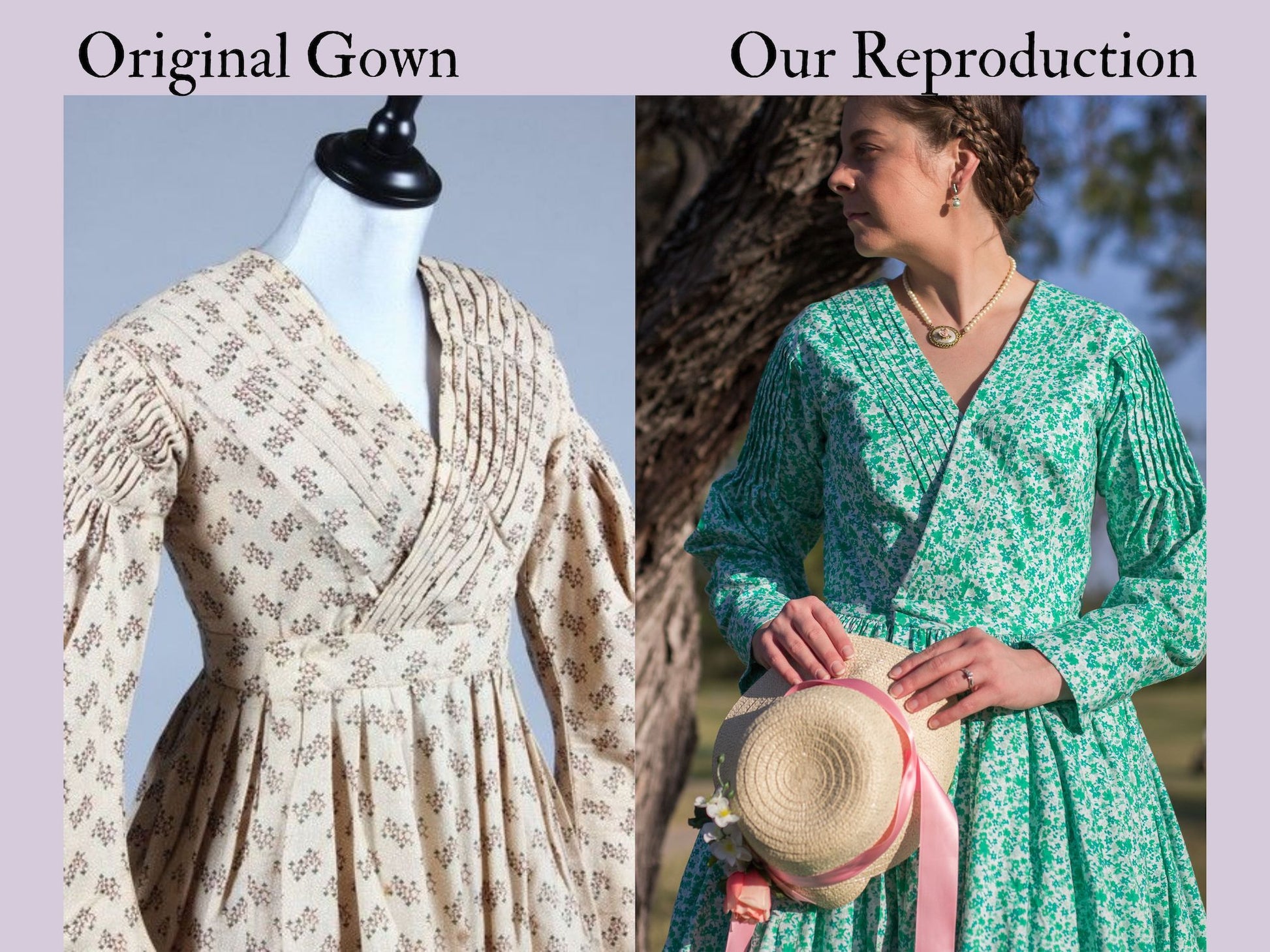 A photo collage shows an original mid-Victorian dress and our reproduction of it