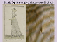 Load image into Gallery viewer, A photo collage shows an original Regency fashion plate of a checked Regency dress and a fabric choice of a sage/light blue/cream silk check

