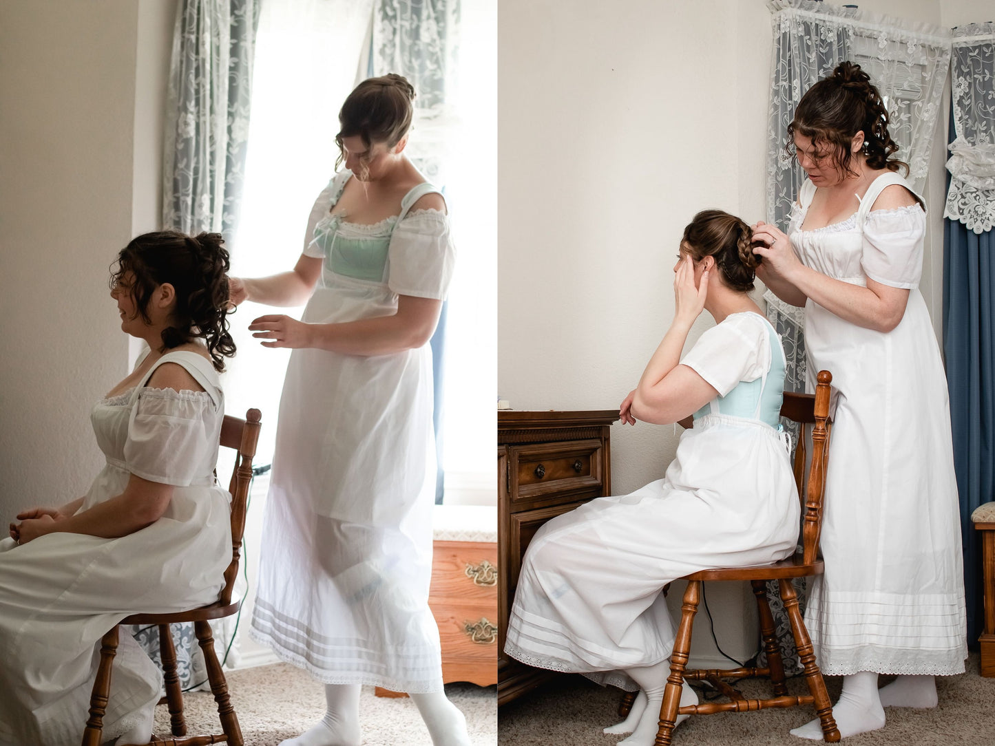 A photo collage shows two different shots of two girls, dressed in white Regency undergarments, fixing each other's hair.