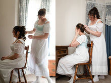 Load image into Gallery viewer, A photo collage shows two different shots of two girls, dressed in white Regency undergarments, fixing each other&#39;s hair.
