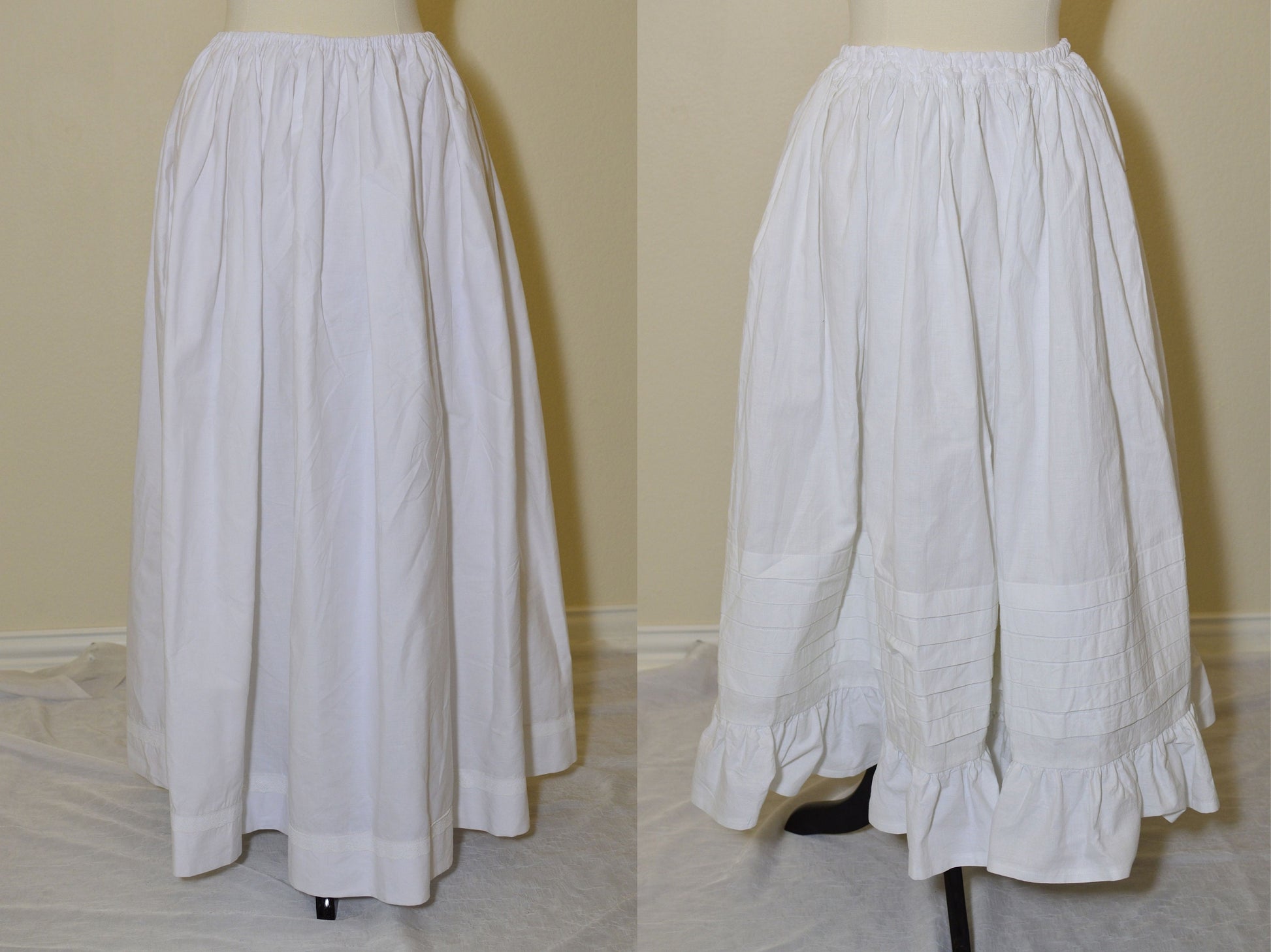 A photo collage shows two images of a Victorian petticoat on a dress form.  One petticoat has a drawstring waist with lace trim at the hem.  The other has a waistband with six deep tucks and a ruffle at the hem