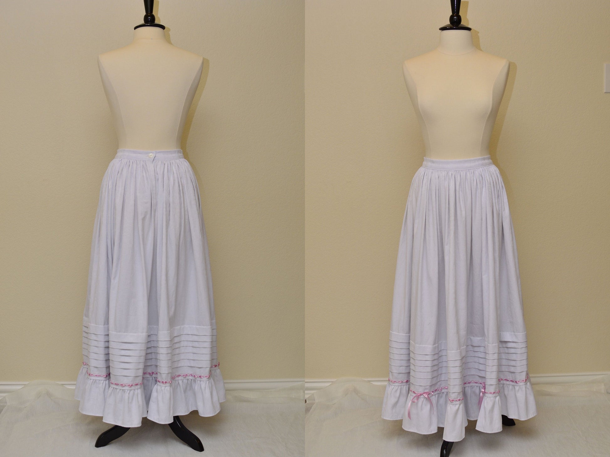 A photo collage shows a front and back image of a Victorian petticoat.  It is made of white cotton damask with six deep tucks at the hem, lace beading with pink satin ribbon, and a ruffle