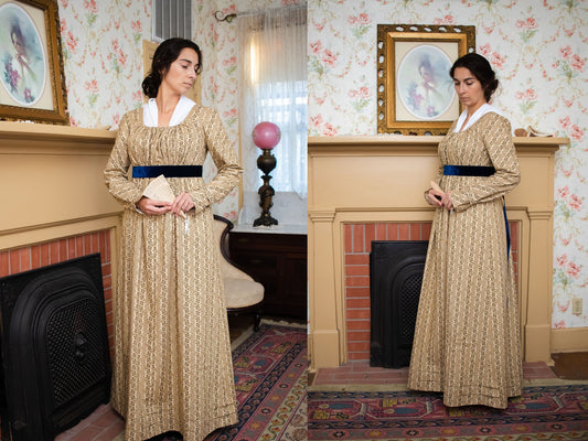 A photo collage shows a front and side view of a model wearing a tan floral Regency gown.  She stands in front of a fireplace and holds a fan.